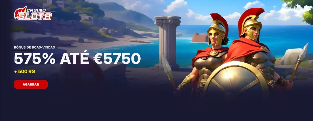 Banner do lobby português da Slota Casino: bónus de boas-vindas 575% até 5750 EUR mais 500 rodadas grátis